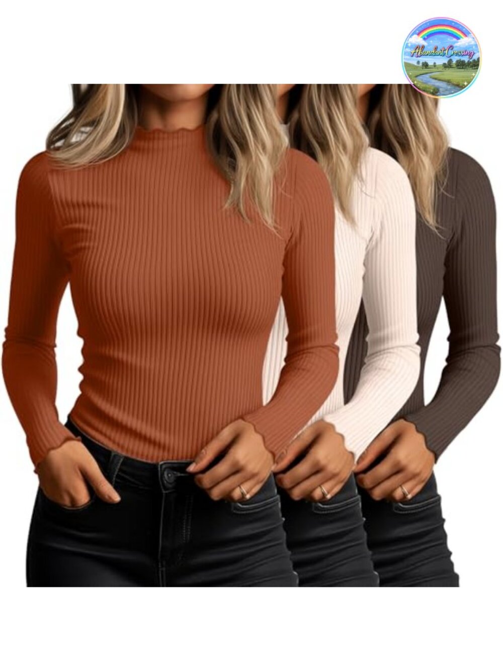 3 Pack Women's Ribbed Mock Turtleneck Long Sleeve Shirts, Stretchable &